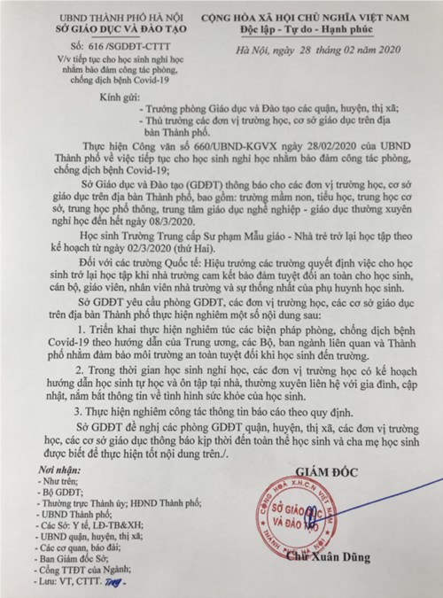 Thông báo nghỉ học phòng chống dịch từ 2/3-8/3/2020